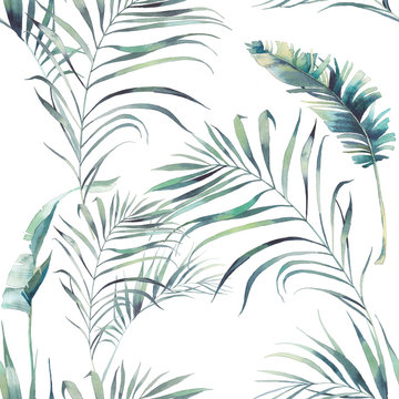 Summer palm tree and banana leaves seamless pattern. Watercolor green branches on white background. Hand drawn exotic wallpaper design