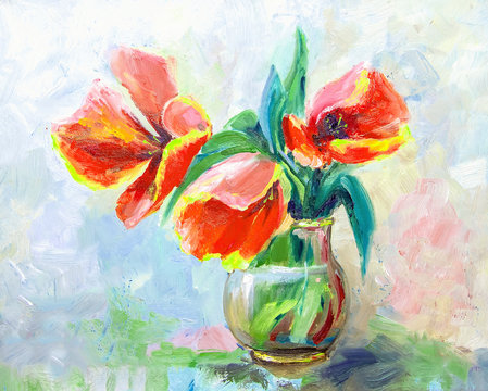 Oil Painting, Impressionism style, texture painting, flower still life painting art painted color image,   tulips