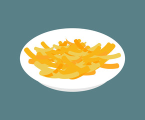 Grated cheese on plate isolated. Ingredient for cooking. Chopped cheese product.