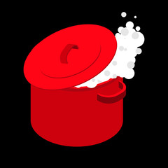Boiling water in red saucepan isolated. Boil soup. Utensils on white background