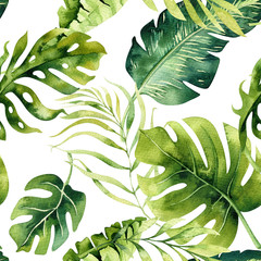 Seamless watercolor pattern of tropical leaves, dense jungle. Hand painted. Texture with tropic summertime  may be used as background, wrapping paper, textile or wallpaper design.