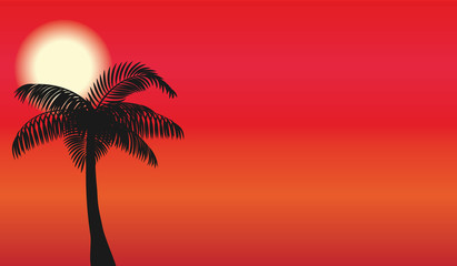 Silhouette of palm and sun background. Design for poster or banner. Vector illustration.