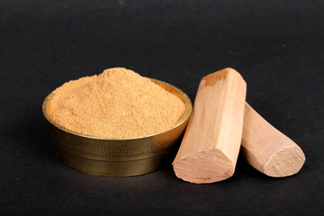 Chandan or sandalwood, sandalwood sticks, perfume, selective focus, powder