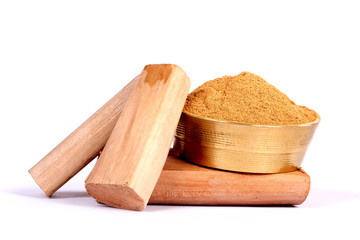 Chandan or sandalwood, sandalwood sticks, perfume, selective focus, powder