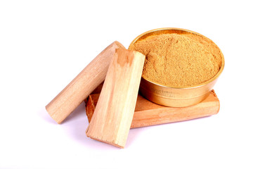 Chandan or sandalwood, sandalwood sticks, perfume, selective focus, powder
