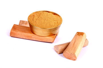 Chandan or sandalwood, sandalwood sticks, perfume, selective focus, powder