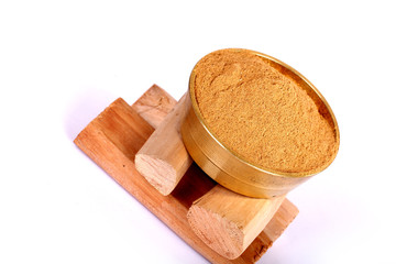 Chandan or sandalwood, sandalwood sticks, perfume, selective focus, powder