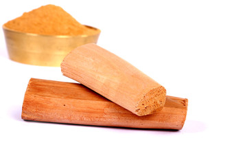 Chandan or sandalwood, sandalwood sticks, perfume, selective focus, powder