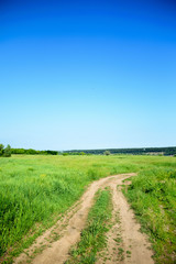 A dirt road in a green field and a blue sky.