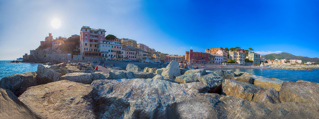 GENOA, (GENOVA), APRIL 29, 2017 - Panoramic view of Vernazzola Beach, colorful houses village in Genoa, Italy