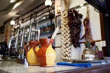 Beautiful clay jugs in beer restaurant
