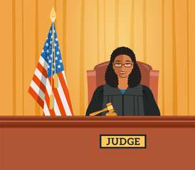 Judge black woman in courtroom at tribunal with gavel and american flag. Judicial cartoon background. Civil and criminal cases public trial. Vector flat illustration.