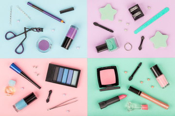 set of professional decorative cosmetics, makeup tools and accessory on colorful background. beauty and fashion concept. flat lay composition, top view