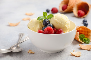 Vanilla ice cream with fresh berries on concrete background, selective focus