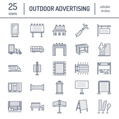 Outdoor advertising, commercial and marketing flat line icons. Billboard, street signboard, transit ads, posters banner and other promotion design element. Trade objects thin linear sign