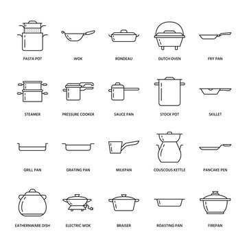 Pot, pan and steamer line icons. Restaurant professional equipment signs. Kitchen utensil - wok, saucepan, eathernware dish. Thin linear signs for commercial cooking store