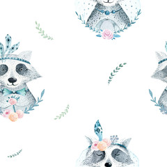 Watercolor boho floral pattern with raccoon. bohemian natural background: leaves, feathers, flowers,   Artistic decoration illustration. Save the date, weddign design, nursery illustration