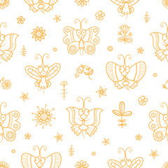 Seamless pattern with cute cartoon butterflies in dresses on white background. Funny animals, flowers and plants. Vector contour  image. 