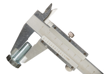 Vernier caliper isolated on white background. Vernier - a small movable graduated scale for...