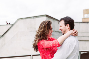 Woman looking at man smiling