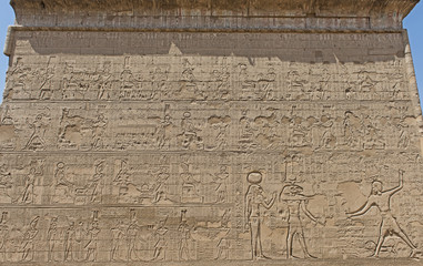 Hieroglyphic carvings on an ancient egyptian temple wall