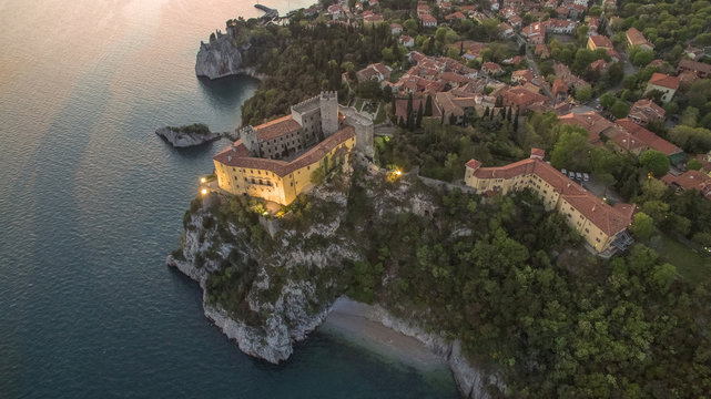 Aerial view of Duino Castle, Trieste, Italy