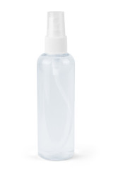 Realistic transparent cosmetic bottle sprayer container. Dispenser with cap for cream, perfume, and other cosmetics.