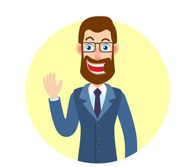 Hipster Businessman raised a hand in greeting