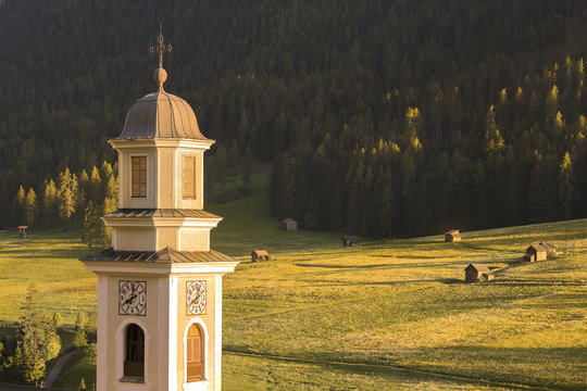 The Parish church of Sesto village at sunset, Pusteria valley, dolomites, Italy