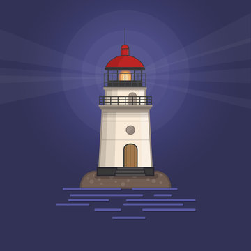 Vector background with white lighthouse at night