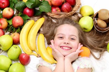 Fototapeta na wymiar small happy girl eating exotic fruit or summer background