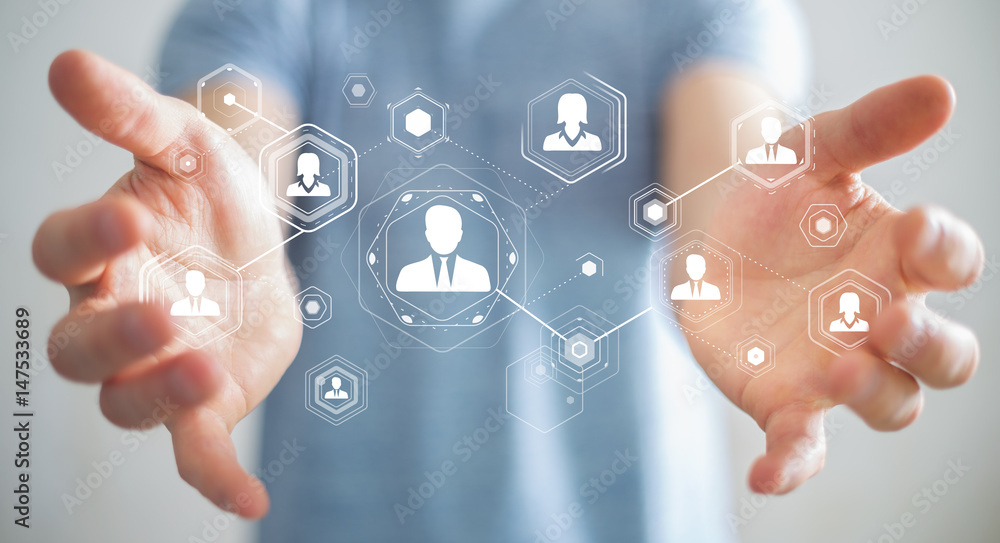 Poster businessman using digital social network 3d rendering