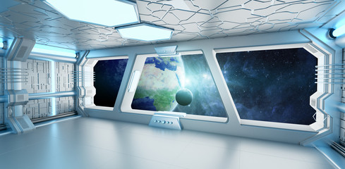 Obraz premium Spaceship interior with view on the planet Earth 3D rendering elements of this image furnished by NASA