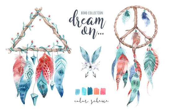 Isolated Watercolor decoration bohemian dreamcatcher. Boho feathers. Native dream chic design. Mystery etnic tribal print. Tribal american culture.