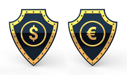 3d rendering of shields with dollar and euro currency symbol