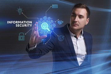 Business, Technology, Internet and network concept. Young businessman working on a virtual screen of the future and sees the inscription: Information security
