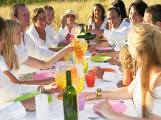 People having dinner in a field