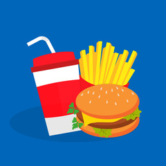 French fries, burger and soda. Fast food, flat design.