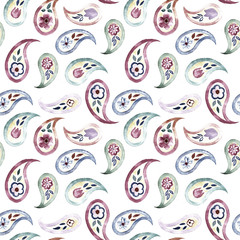Watercolor paisley pattern. Seamless ornamental background. Indian motif. Ethnic print for wrapping, wallpaper, fabric, textile