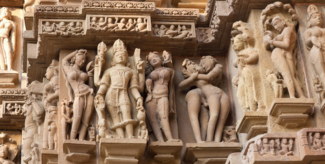 Ancient reliefs at famous erotic temple in Khajuraho, India