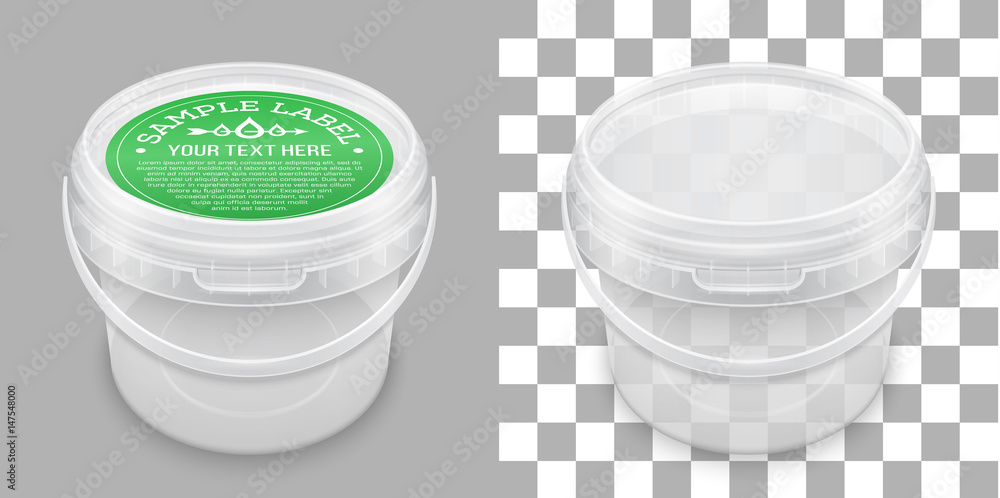 Wall mural Labeled transparent empty plastic bucket for storage. Vector packaging mockup illustration.