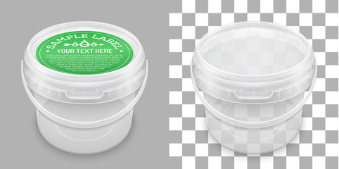 Labeled transparent empty plastic bucket for storage. Vector packaging mockup illustration. © vinap