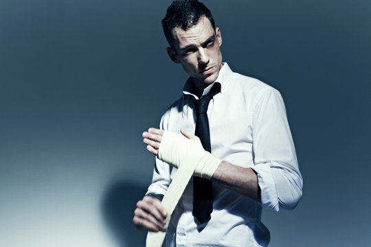 Man in shirt with wraps