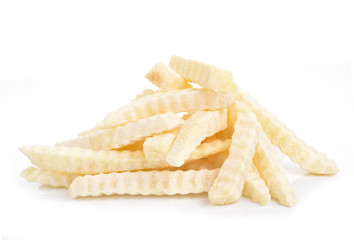 Abundant frozen French fries on white background