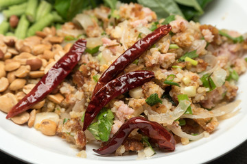 Piguant minced pork salad closeup