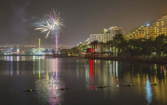 Independence day in Israel. Festive fireworks in Eilat - number one tourist resort in Israel