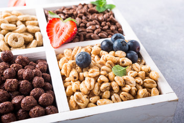 Variety of cold quick breakfast cereals with berries in white wooden box, healthy eating for kids, selective focus.