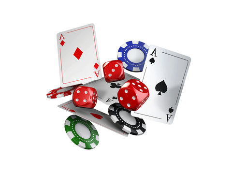 3d illustration, casino theme with color playing chips and poker cards