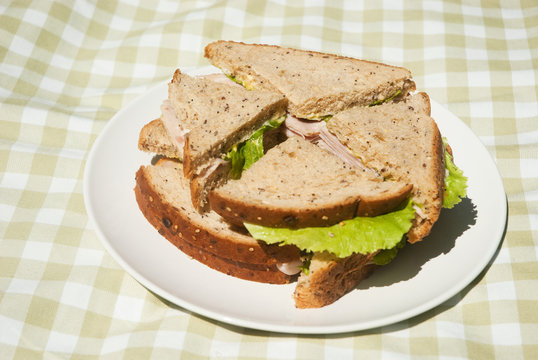 Plate of sandwiches on picnic blanket