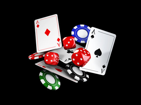 Casino theme with color playing chips and poker cards, isolated black, 3d illustration
